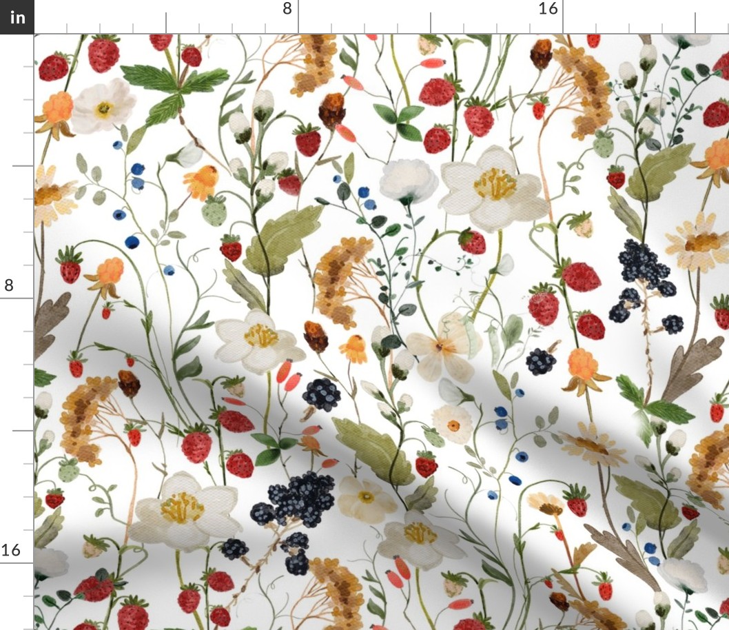 18" a colorful summer red blue and black berries wildflower meadow  - nostalgic Wildflowers and Herbs home decor on white double layer,   Baby Girl and nursery fabric perfect for kidsroom wallpaper, kids room, kids decor single layer