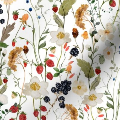 10" a colorful summer red blue and black berries wildflower meadow  - nostalgic Wildflowers and Herbs home decor on white double layer,   Baby Girl and nursery fabric perfect for kidsroom wallpaper, kids room, kids decor single layer