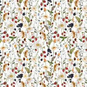 10" a colorful summer red blue and black berries wildflower meadow  - nostalgic Wildflowers and Herbs home decor on white double layer,   Baby Girl and nursery fabric perfect for kidsroom wallpaper, kids room, kids decor single layer