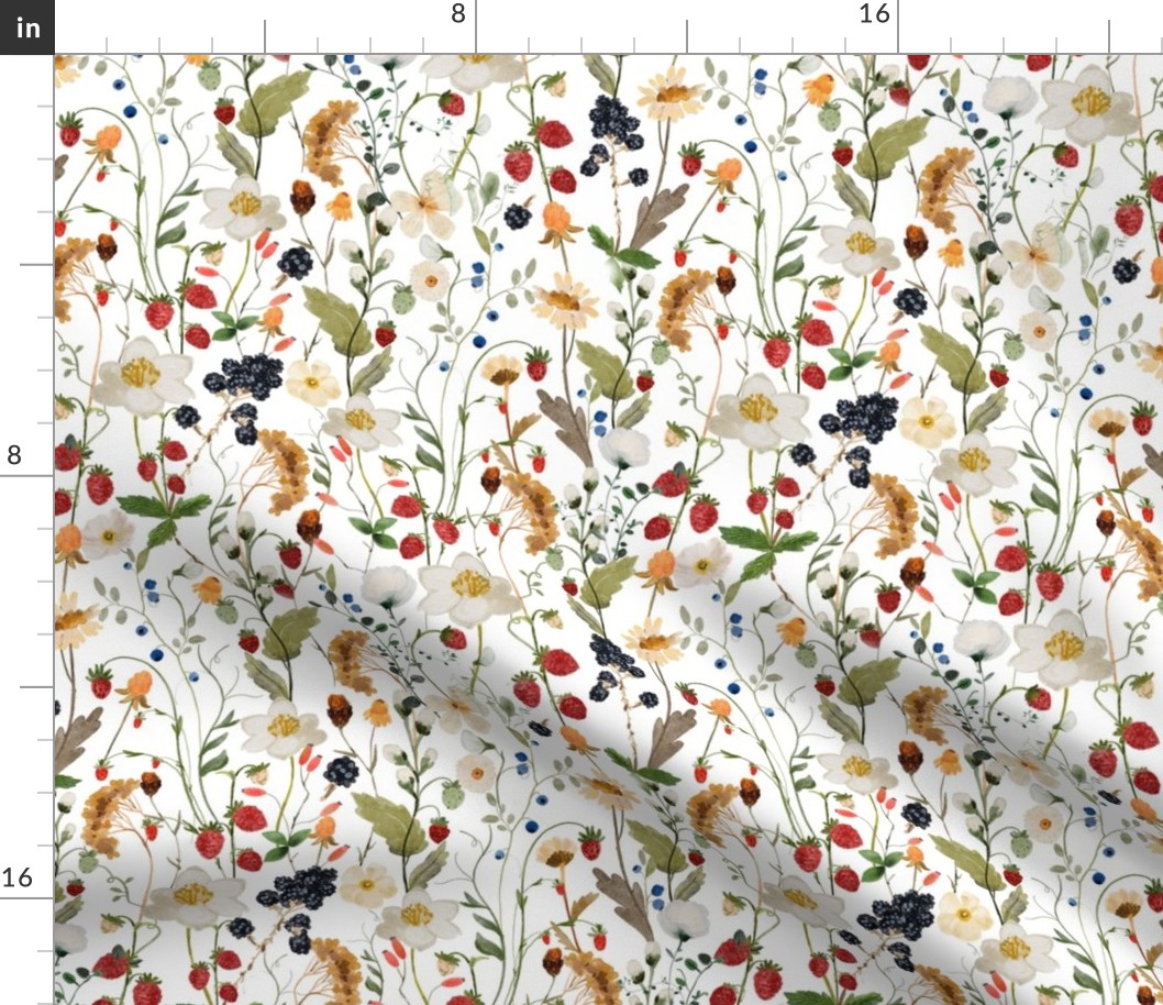 10" a colorful summer red blue and black berries wildflower meadow  - nostalgic Wildflowers and Herbs home decor on white double layer,   Baby Girl and nursery fabric perfect for kidsroom wallpaper, kids room, kids decor single layer