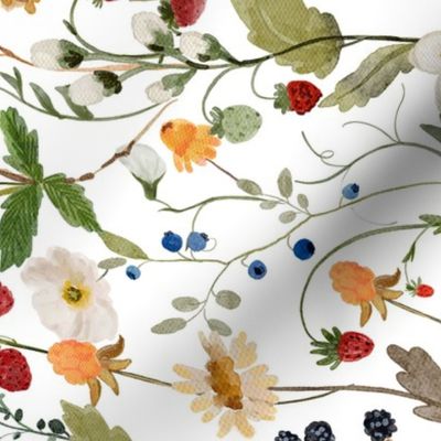 18" Turned left a colorful summer red blue and black berries wildflower meadow  - nostalgic Wildflowers and Herbs home decor on white double layer,   Baby Girl and nursery fabric perfect for kidsroom wallpaper, kids room, kids decor single layer
