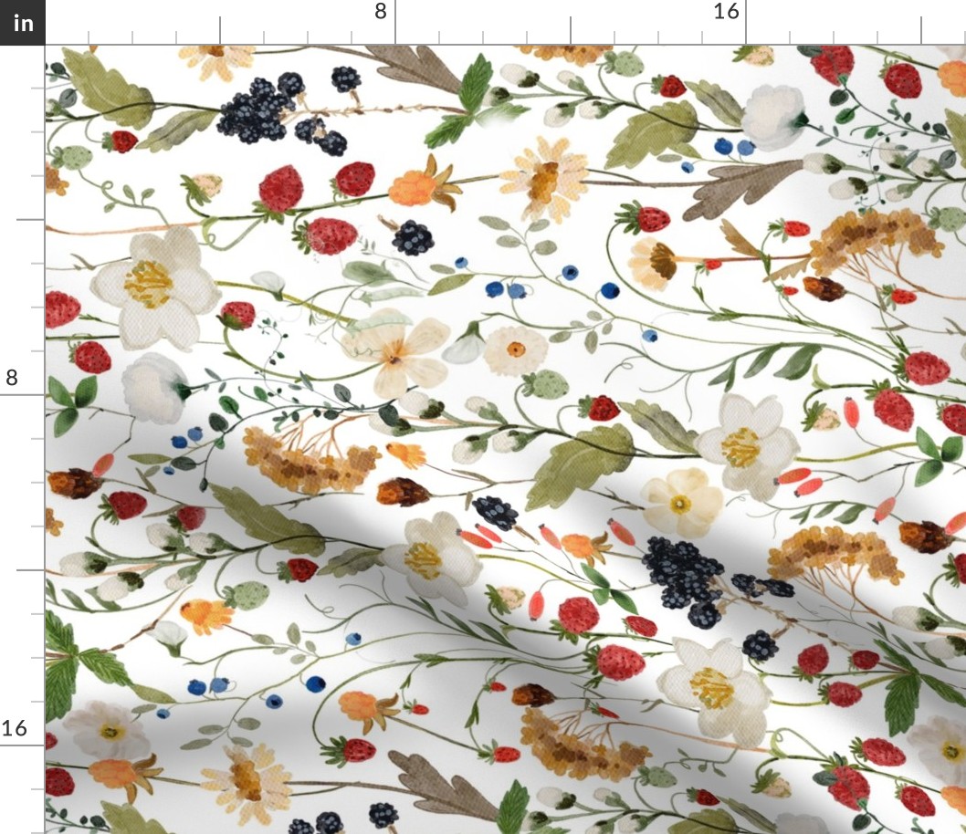 18" Turned left a colorful summer red blue and black berries wildflower meadow  - nostalgic Wildflowers and Herbs home decor on white double layer,   Baby Girl and nursery fabric perfect for kidsroom wallpaper, kids room, kids decor single layer