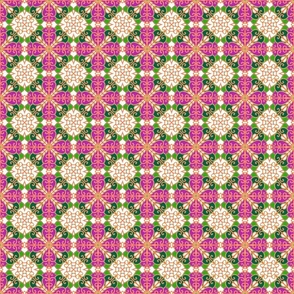 Repeating geometric patterns in pinks, yellows and greens