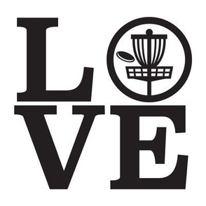  LOVE Disc Golf with Disc and Basket Silhouette - Black & White