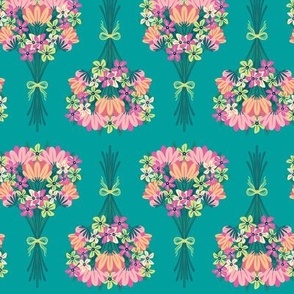 Pink and green preppy floral bouquets on teal - spring quilt fabric Mother's Day