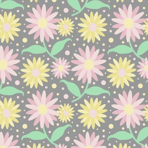 Floral Flowers Yellow Pink on Gray