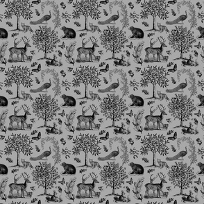Woodland Toile Black on Grey - Small Scale