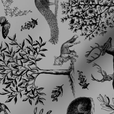 Woodland Toile Black on Grey Rotated - XL Scale