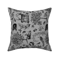 Woodland Toile Black on Grey Rotated - XL Scale