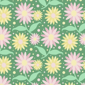 Floral Flowers Yellow Pink on Green