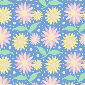Floral Flowers Yellow Pink  on Blue