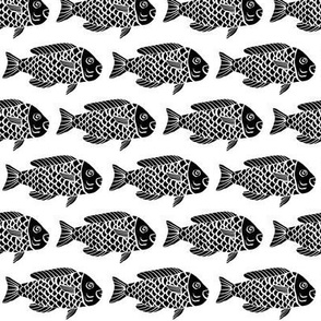 School of Fish Black White  || block print aquatic sea life aquarium