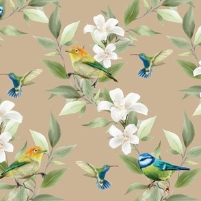 Plumeria, Finches, Hummingbirds, and Blue Tits on Regency Linen - Coordinate