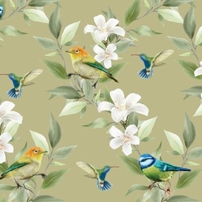 Plumeria, Finches, Hummingbirds, and Blue Tits on Sage Green - Coordinate
