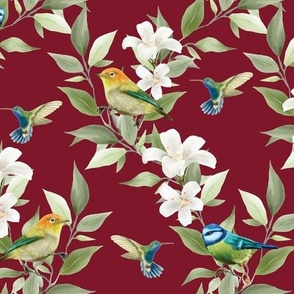 Plumeria, Finches, Hummingbirds, and Blue Tits on Burgundy - Coordinate
