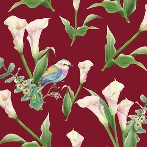 Lilac-Breasted Roller Birds and Calla Lilies on Burgundy - Coordinate
