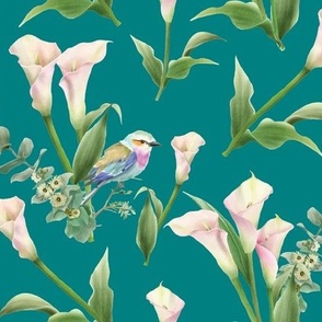 Lilac-Breasted Roller Birds and Calla Lilies on Teal - Coordinate