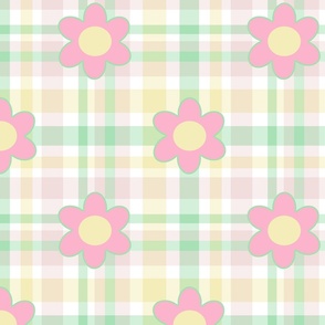 Floral Plaid Pink Yellow Green 