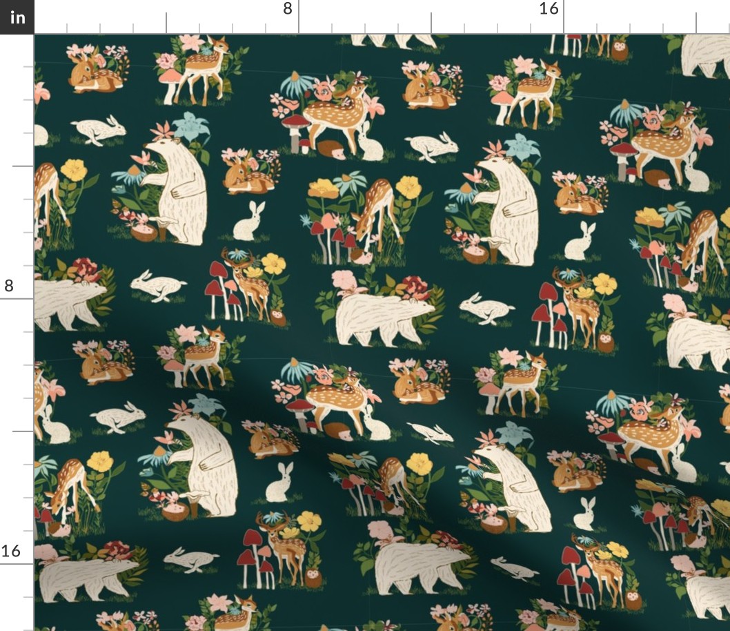Wild Forest Animals Woodland bears,deers and bunnies navyblue