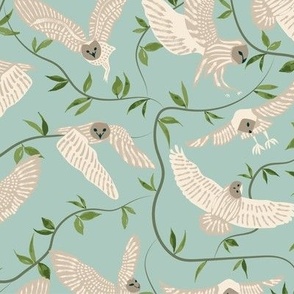  Whimsical snowy Owls flying with botanical vines