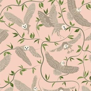  Whimsical nocturnal Owls flying with botanical vines peach