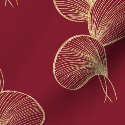 gold ginko leaves on burgundy/  large scale
