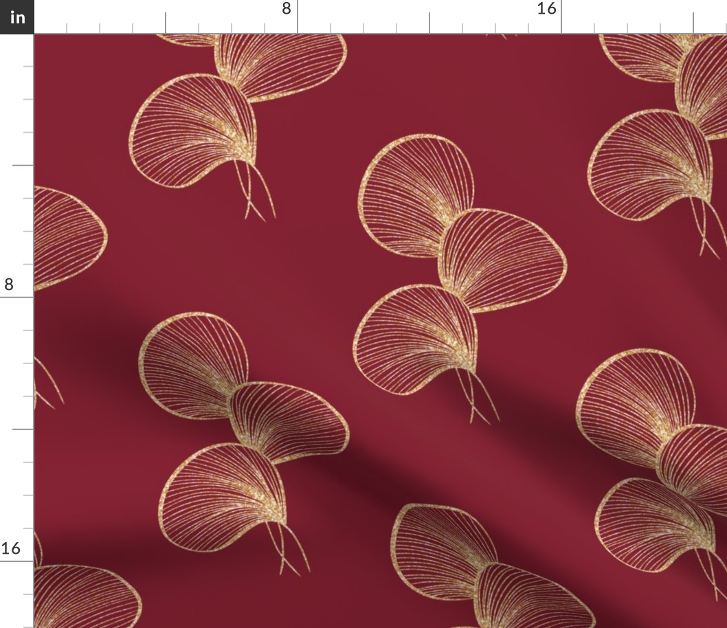 gold ginko leaves on burgundy/  large scale