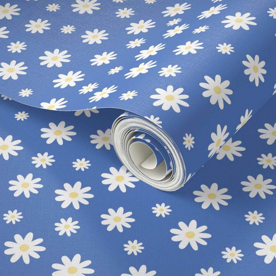 White Daisies with Yellow on Cobalt Blue