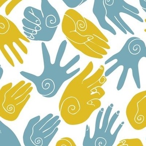 Open Hands of Friendship - Mustard Yellow & Teal Blue on White