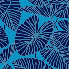 Kalo Leaves lined in gray with brighter blue background and dark blue leaf
