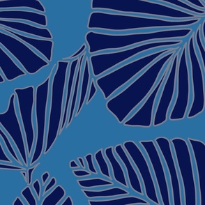 Large Kalo Leaves lined in gray with blue background and dark blue leaf