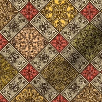 Aged Turkish Tiles in Muted Red, Green, and Yellow and Tan Multi - Diagonal