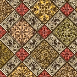 Aged Turkish Tiles in Muted Red, Green, and Yellow and Tan Multi - Diagonal