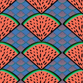 watermelon slices  whimsy geometric with smaller watermelon slices  inverted and reduced opacity 12” repeat, orange, bright green, black on blue coordinate background
