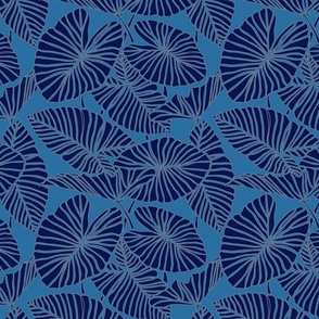 Small Kalo Leaves lined in gray with blue background and dark blue leaf