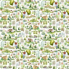 10" Cute Watercolor British English Garden Landscape, Happy Gardening Kingdom  Baby Girl and nursery fabric perfect for kidsroom wallpaper, kids room, kids decor