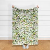 33" Cute Watercolor British English Garden Landscape, Happy Gardening Kingdom  Baby Girl and nursery fabric perfect for kidsroom wallpaper, kids room, kids decor