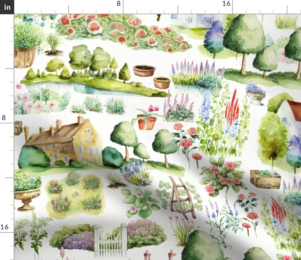 33" Cute Watercolor British English Garden Landscape, Happy Gardening Kingdom  Baby Girl and nursery fabric perfect for kidsroom wallpaper, kids room, kids decor