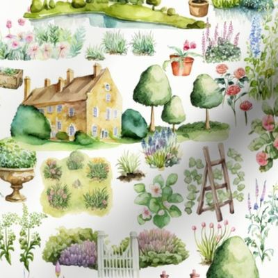 18" Cute Watercolor British English Garden Landscape, Happy Gardening Kingdom  Baby Girl and nursery fabric perfect for kidsroom wallpaper, kids room, kids decor