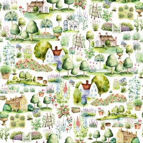 18" Cute Watercolor British English Garden Landscape, Happy Gardening Kingdom  Baby Girl and nursery fabric perfect for kidsroom wallpaper, kids room, kids decor