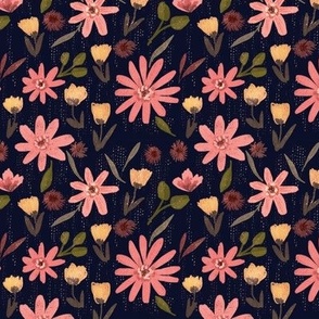 Midnight Garden.  Pink flowers- dark navy blue background 