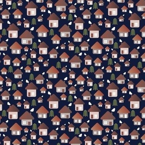 Little winter village - home sweet home houses and pine trees red rust green on navy blue