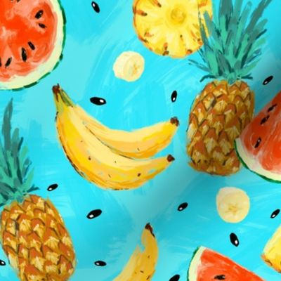 Summer vivid fruits on blue, banana, watermelon, pineapples