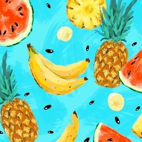 Summer vivid fruits on blue, banana, watermelon, pineapples