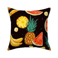 Summer vivid fruits on black, banana, watermelon, pineapples