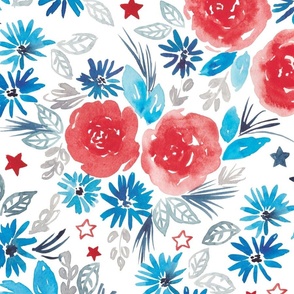 july 4th  patriotic watercolor flowers red,white,blue , independence day fabric large scale WB23