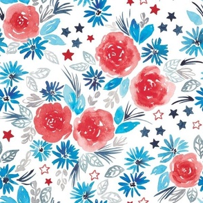 july 4th  patriotic watercolor flowers red,white,blue , independence day fabric medium scale WB23
