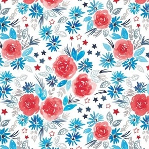 july 4th  patriotic watercolor flowers red,white,blue , independence day fabric small scale WB23