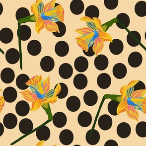Maximalist Daffodil Multi Color Rainbow Design Black Polka Dots Large Scale 