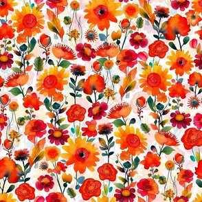 Hand Painted Watercolor Bold Nursery Baby Girl Hot Summer Whimsical Flower Rose Garden -  red and deep  orange double layer for home decor and wallpaper